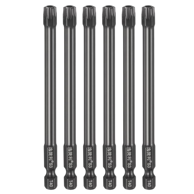 Uxcell 6pcs Punta de destornillador Torx T40 1/4" Hex Shank 100mm/4" Longitud Acero S3 Magnético a Prueba de Manipulación Cabeza Estrella de 6 Puntos Punta de Destornillador Hex, Negro
