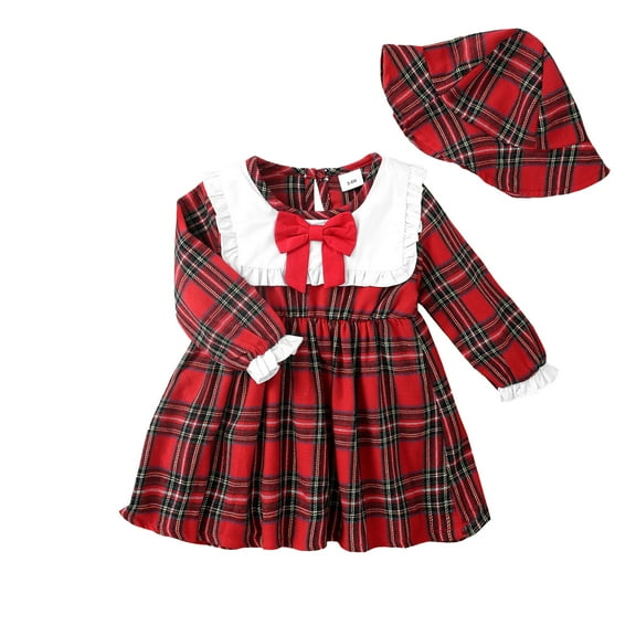 12 Months Baby Girls Dress 18 Months Girls Long Sleeve Dress Round Neck Cute Bowknot Toddler Girls Plaid Dress with Hat Red