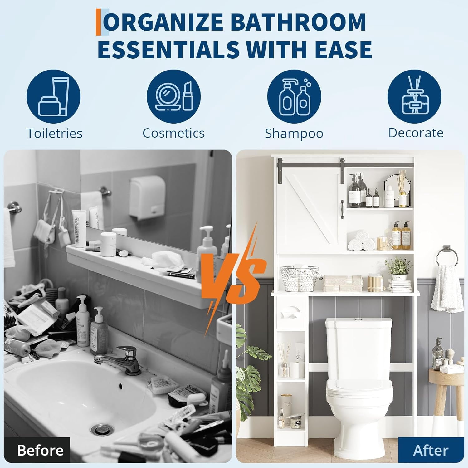 Over the Toilet Storage Cabinet with Farmhouse Sliding Barn Door Above Toilet Organizer Toilet Paper Holder Behind Toilet Shelf with  Adjustable Shelf for  Bathroom,Laundry Space Save