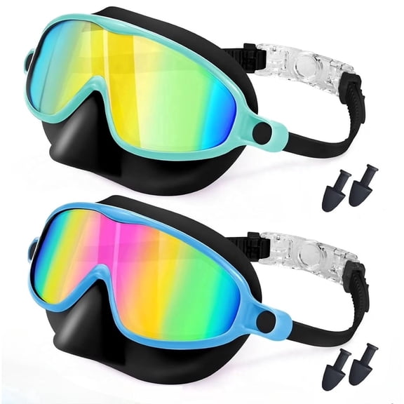 Swim Goggles with Nose Cover, 2 Pack Wide View Diving Mask Anti-Fog UV No Leak Toddlers Swimming Goggles for Kids 3-15