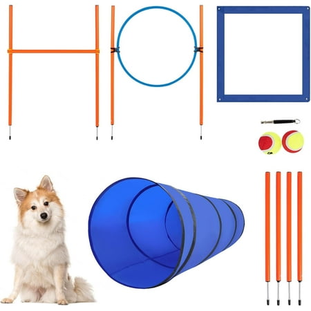 Party Dog Agility Equipment  Dog Obstacle Courses Backyard - Pet Outdoor Games w/Adjustable High Jump  Agility Weave Poles  Tunnel  Jumping Ring  Pause Box  2 Balls Whistle and Carrying Bag