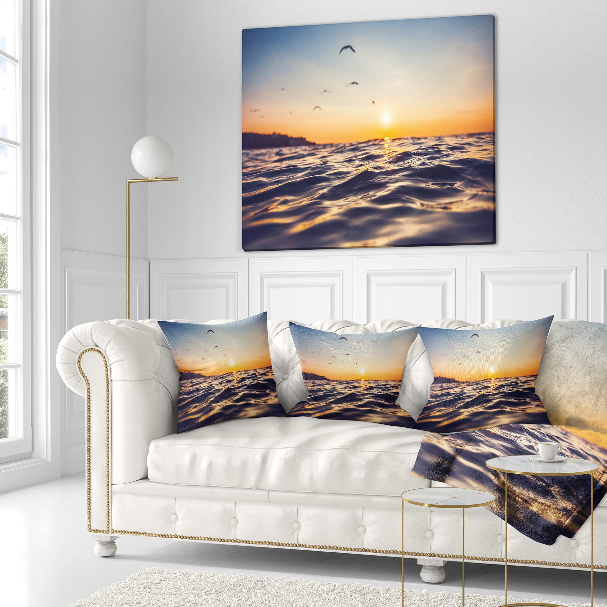 Designart Orange Tinged Sea Waters at Sunrise - Beach Photo Throw Pillow - 16x16