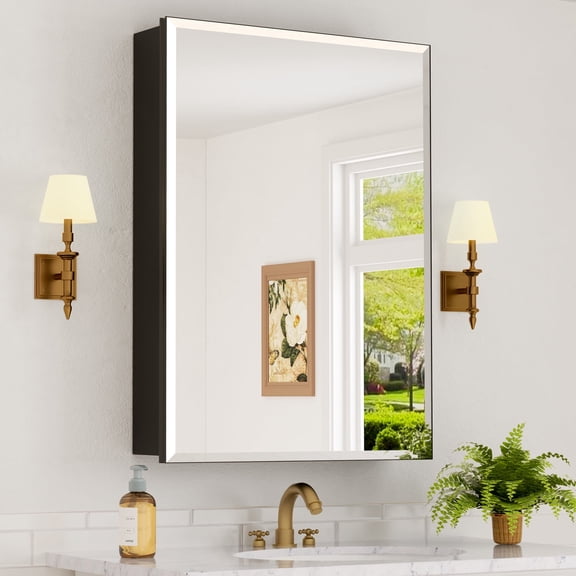 Grand Medicine Cabinet with Mirror and Lights, Recessed/Mount Bathroom Medicine Cabinets, Defogger Mirror, Adjustable Shelves, Dimmable, Black