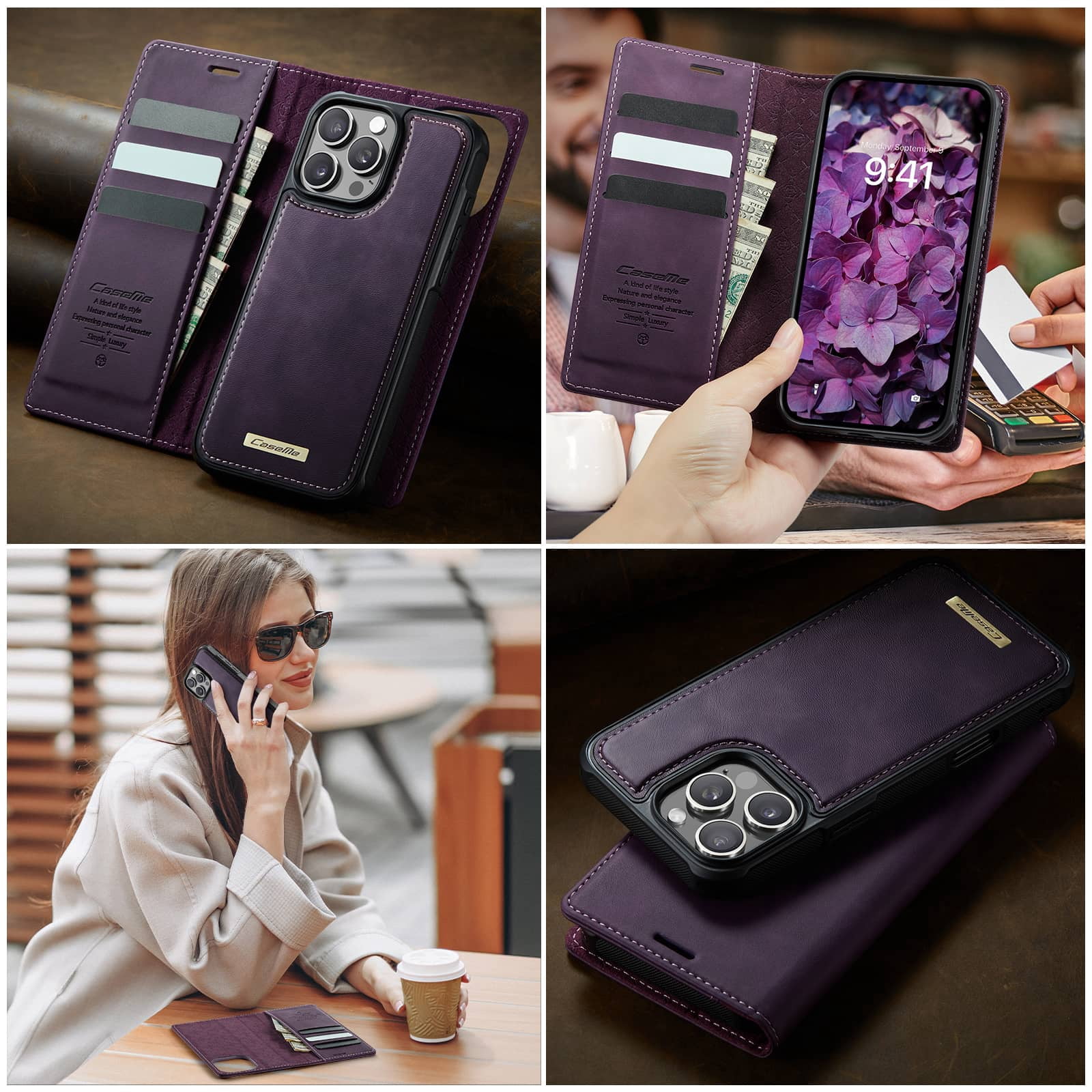 Magnetic 2 in 1 Magsafe Detachable Wallet Case for iPhone 16 Pro Max with Card Holder Women Men, Retro PU Leather【RFID Blocking】Kickstand Shockproof Cover