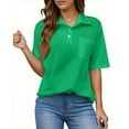 thumbnail image 2 of WTOBBY Women's Modern Button-Down Shirt with Chest Pocket, Casual Short Sleeve Solid Color Blouse for Business Casual Attire,Green L, 2 of 5