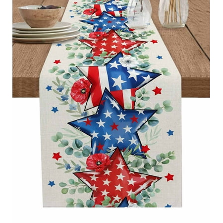

4th of July Table Runner Blue Red Independence Day Rustic Stars Tablerunners 13 x 108 Inch Table Decorations Tabletop Scarf for Summer Gathering Holiday Farmhouse Kitchen Dining Decor