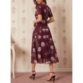 thumbnail image 5 of Womens Burgundy Floral Print V-Neck Short Sleeve Midi Dress, 5 of 7