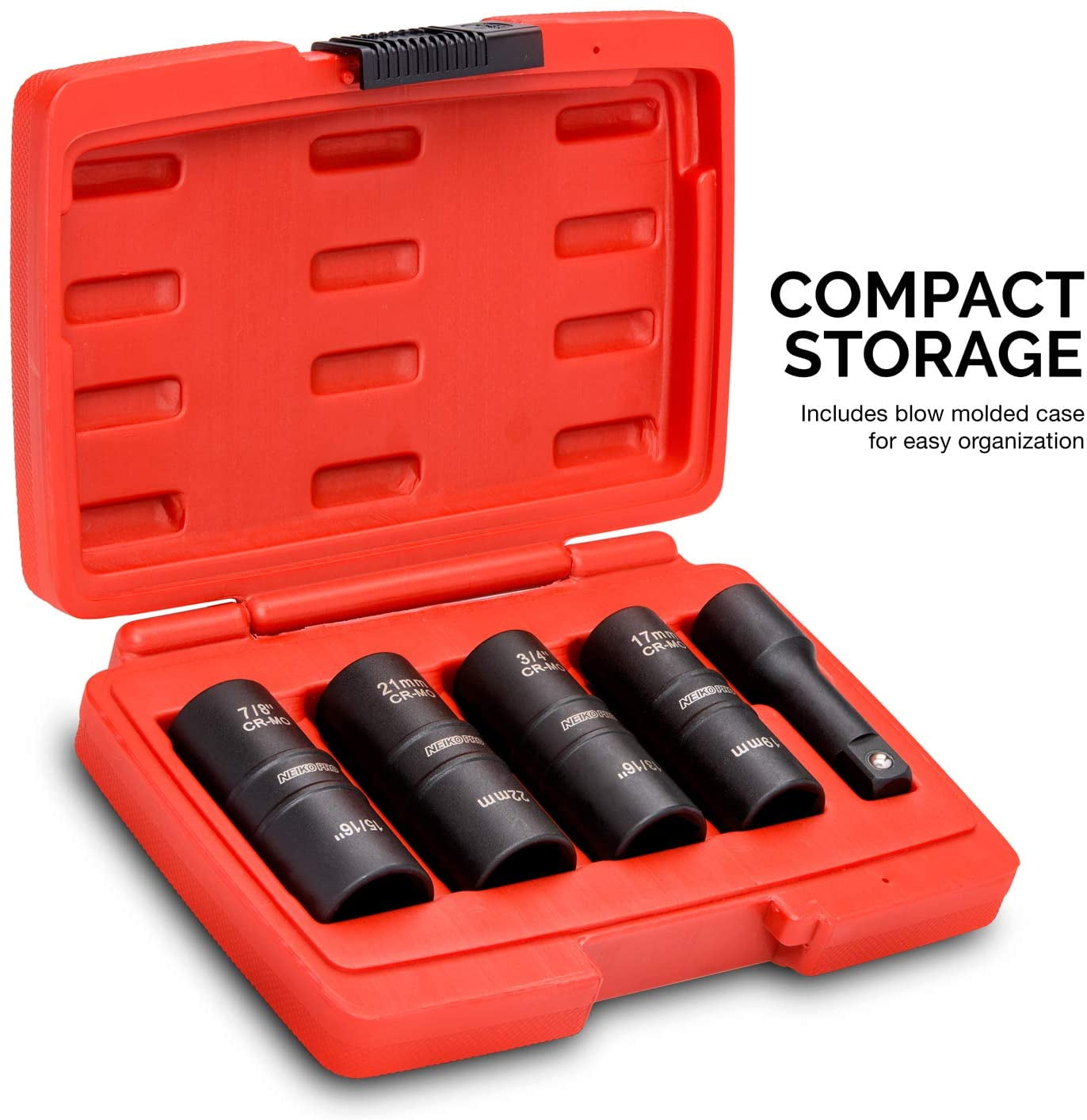 NEIKO 02282B 1/2-Inch-Drive Impact Socket Set, Flip Socket Set, Chrome Moly Steel, Includes 3-Inch Bar Extension, 8 Deep SAE and Metric Sizes, 5 Pieces