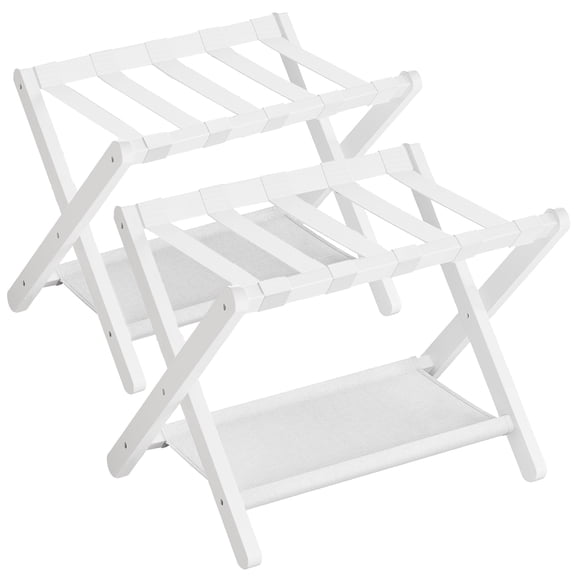 Set of 2 Bamboo Luggage Racks - Folding Suitcase Stands with Storage Shelf, 131 lb Capacity, for Guest Rooms, Cloud White