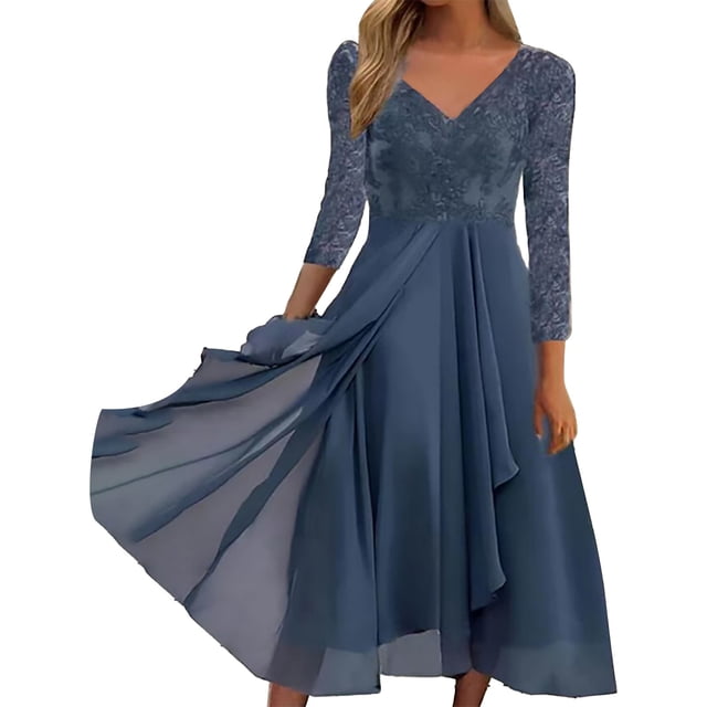 WTXUE Robe à Manches Longues, Robe Décontractée à Manches Longues Imprimée en Chiffon avec Coutures pour Femme, Robe Grande Taille, Robe Bleu Marine pour Femme, Bleu Marine 3TG
