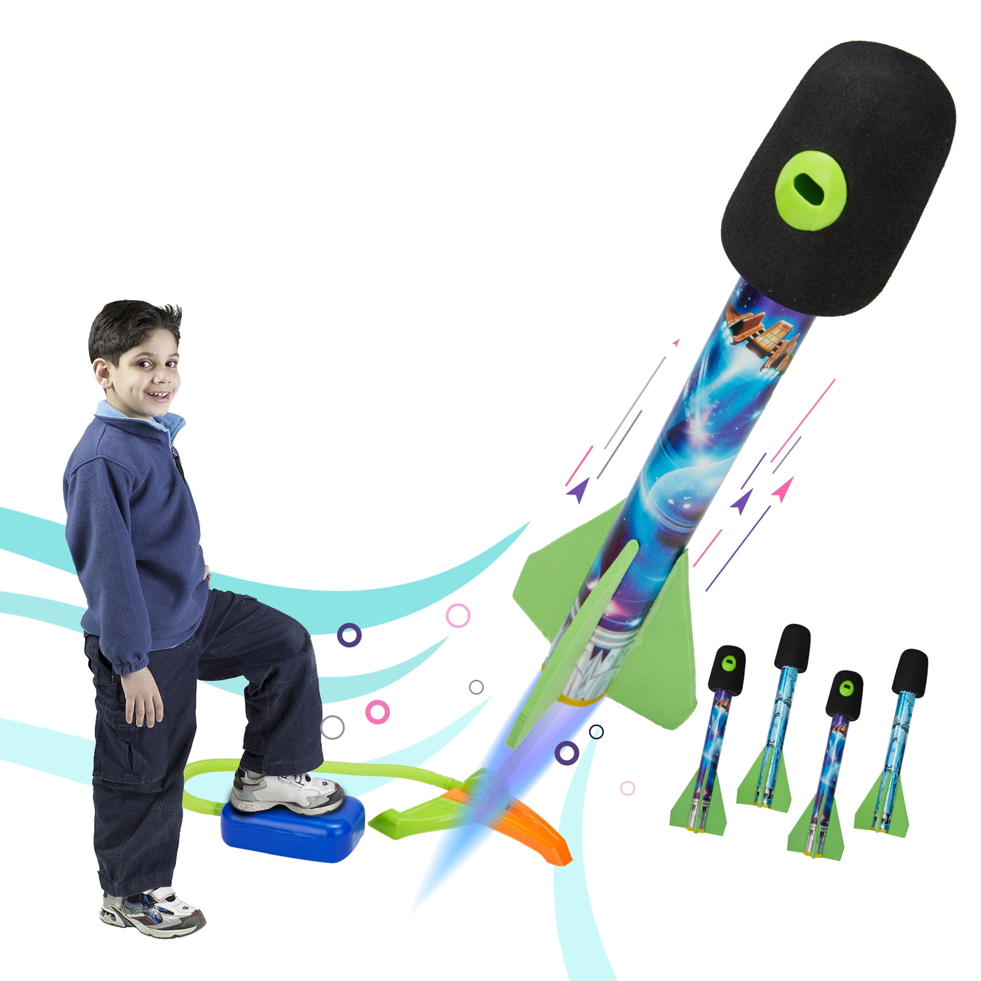 Toy Rocket Launcher for Kids with 4 Rockets and Toy Air Rocket Launcher - Kids Outdoor Rocket STEM Gift for Boys and Girls Ages 5 Years and Up - Great for Outdoor Play