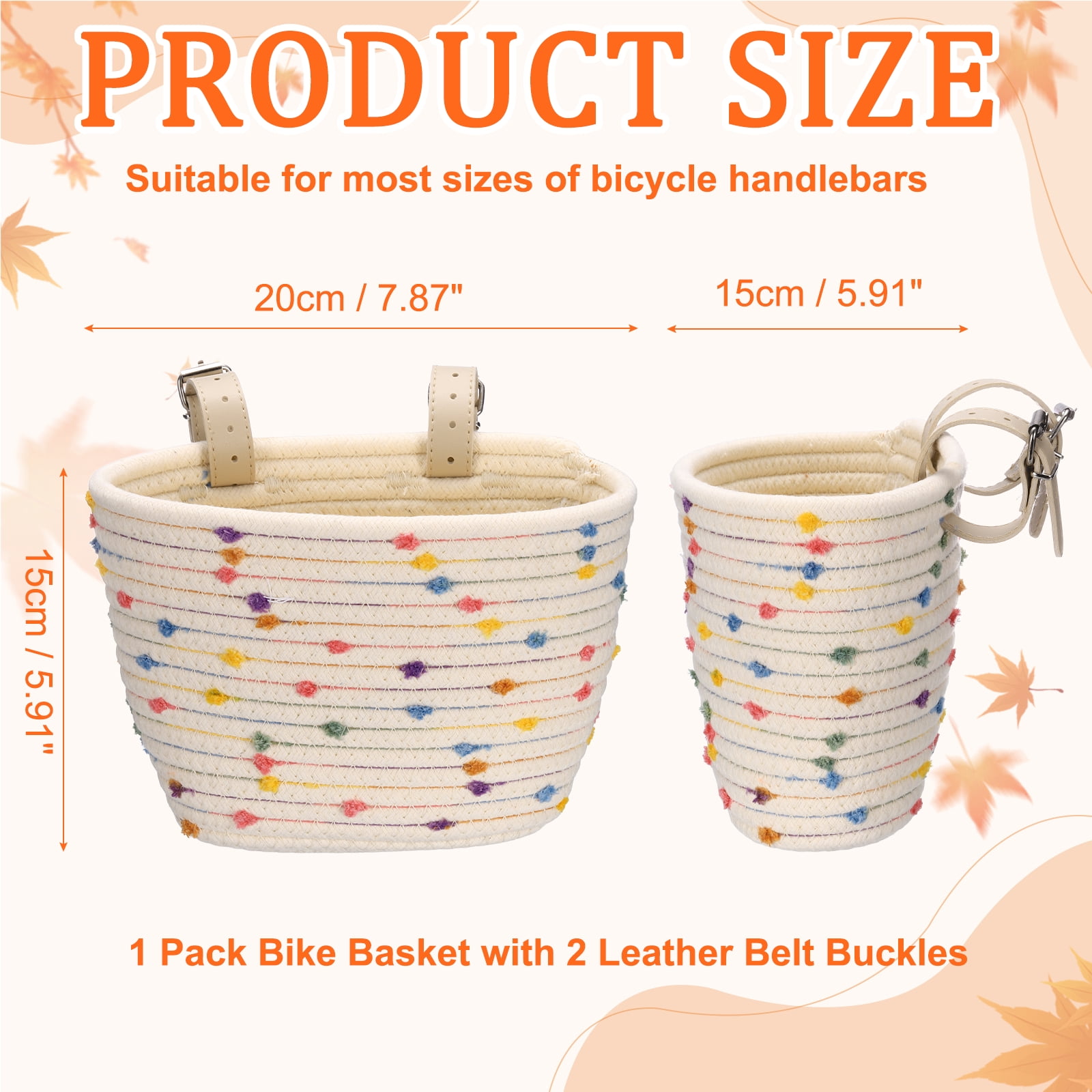 Uxcell Bike Basket, Cotton Rope Woven Colored Spots Bicycle Basket Adjustable Front Handlebar Baskets with 2 Leather Belt Buckles Beige-Fitting For(Most Bikes/Tricycle/Scooters)