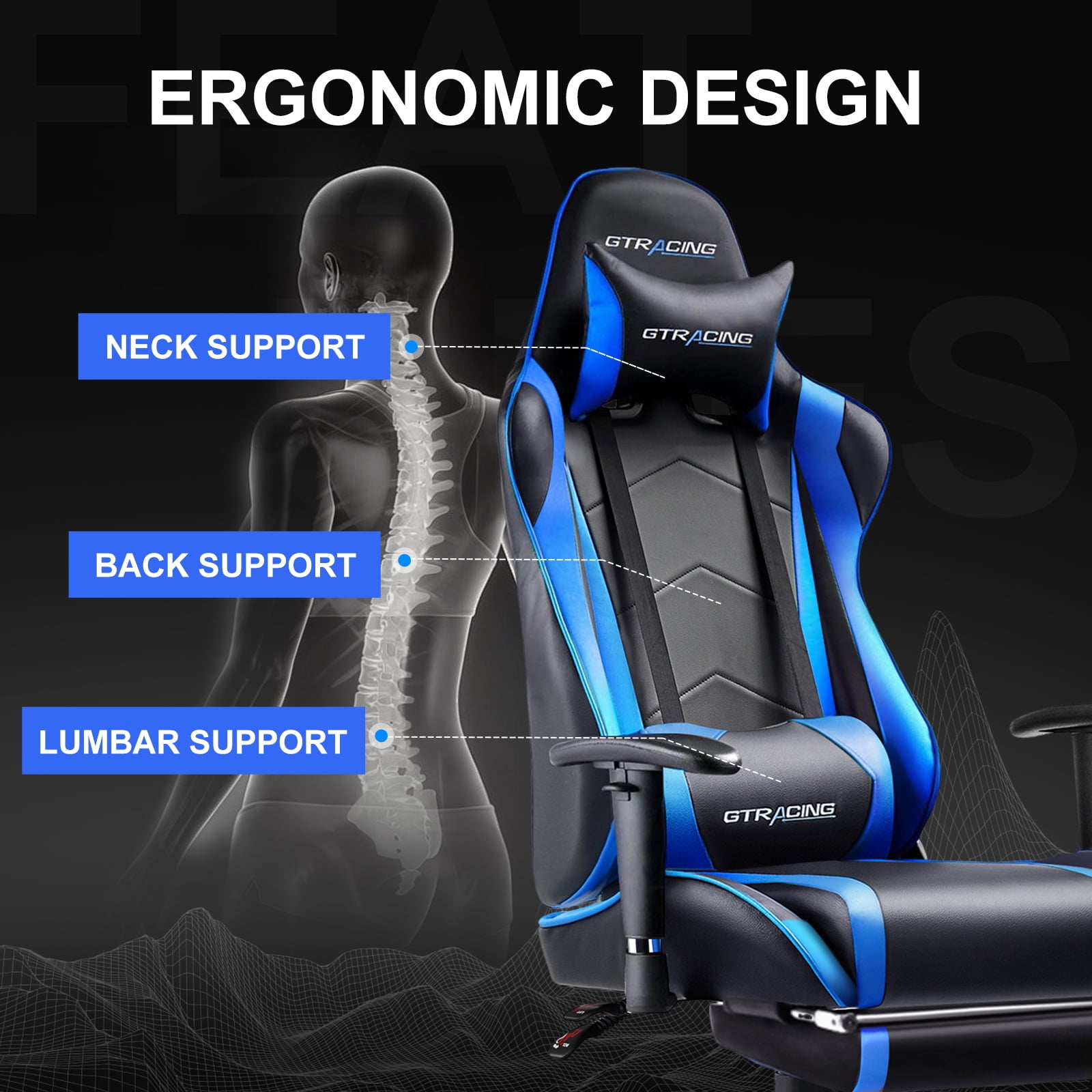 GTPLAYER Gaming Chair Office Chair PU Leather with Footrest&Adjustable Headrest,Blue