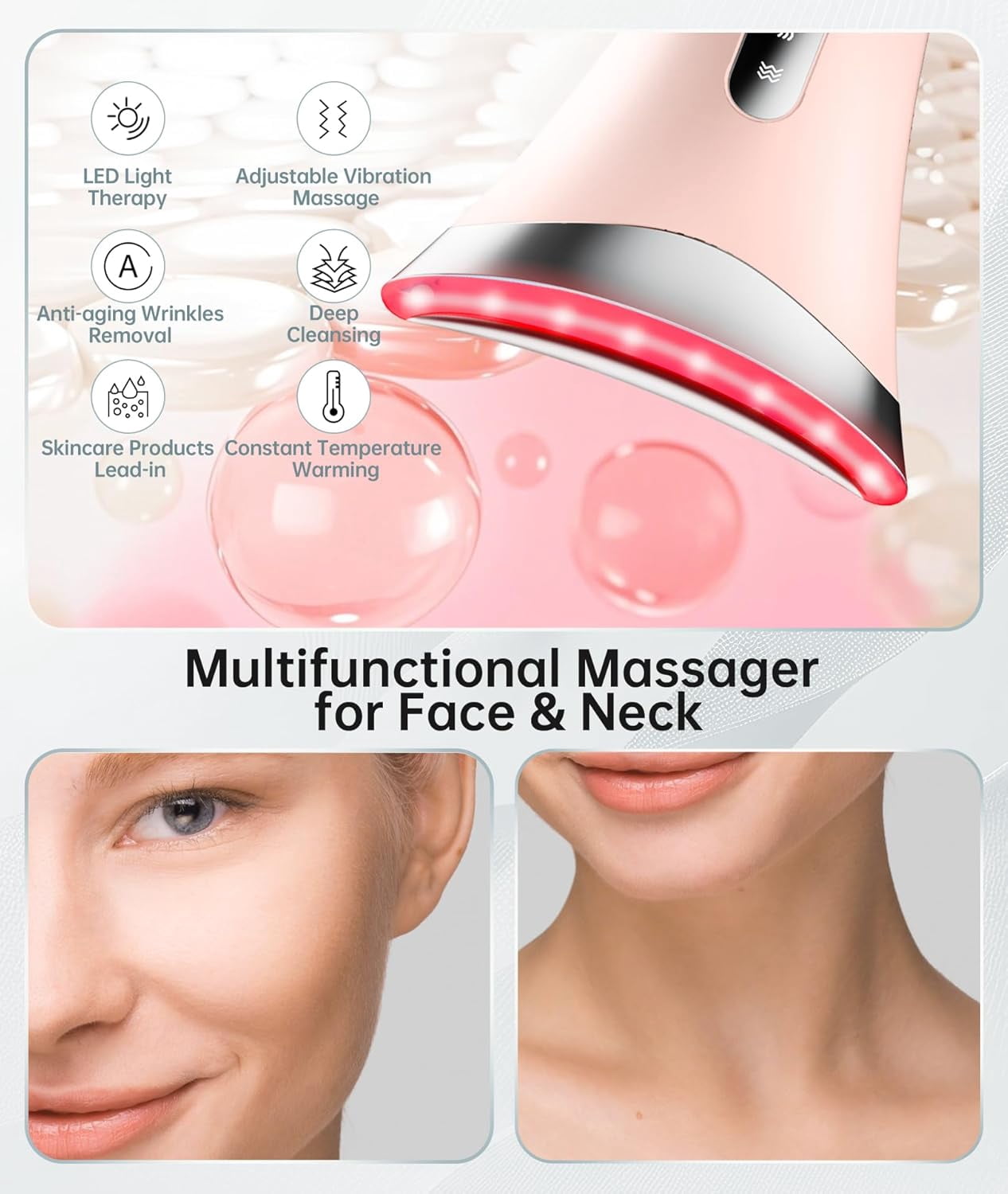 Red Light Therapy Facial Massager, 7 Color Adjustable Vibration and Heat for Wrinkles and Double Chin, Portable Skin Care Tool with Charging Base