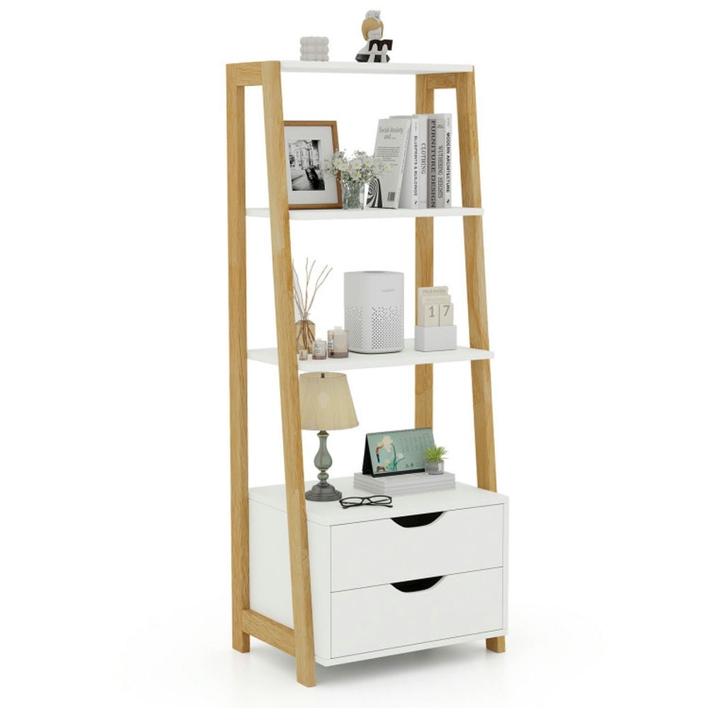Demi Bonn 4-Tier Ladder Bookshelf Storage Display, Freestanding Bookcase with 2 Drawers, White