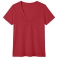 thumbnail image 4 of XAOFW Women Solid Color V Neck Slub Knit T Shirt Relaxed Fit Short Sleeve Everyday Casual Layering Basic Tee Trendy Top S, 4 of 4