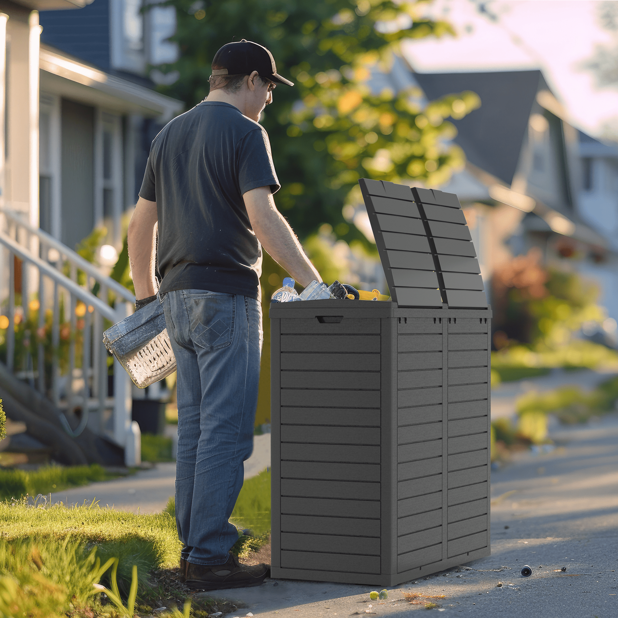 EasyUp Outdoor Trash Can with Lid, Outdoor Trash Bin & Pull-Out Liquid Drawer, Dual Lid Closure Design, Waterproof Resin Garbage Can Container for Patio, Backyard, Deck (Black,62)