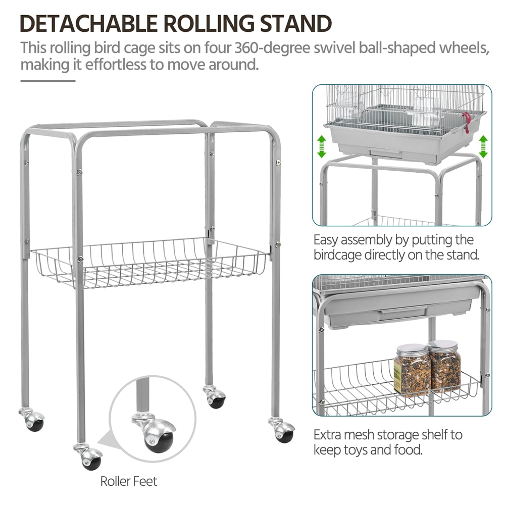 Renwick 62" Metal Rolling Bird Parrot Cage Detachable Stand, Light Gray