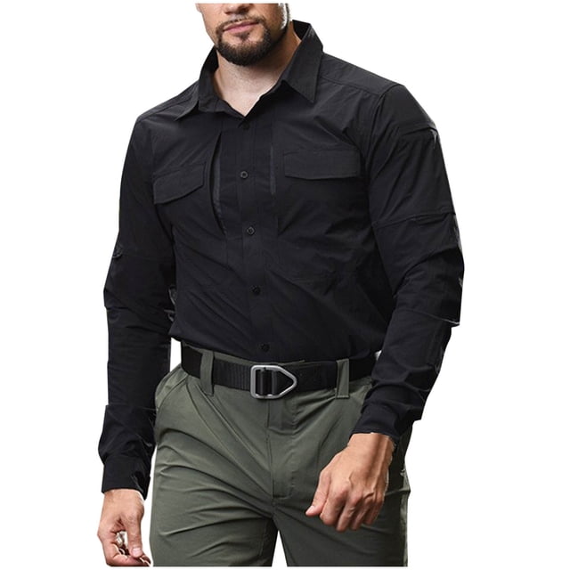 Blusa y camisa de manga larga con cuello vuelto para hombre, estilo casual, de color liso, con botones y bolsillos, de poliéster.