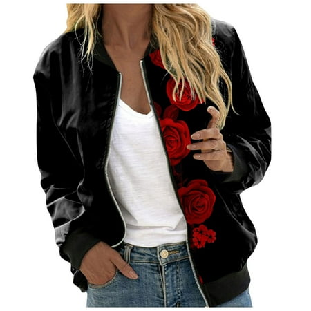 

Hwmodou Women s Casual Jackets Short Sleeve Casual Daily Lightweight Zip Up Casual Floral Print Coat Stand Collar Sports Outwear Zipper Tops Jackets For Women