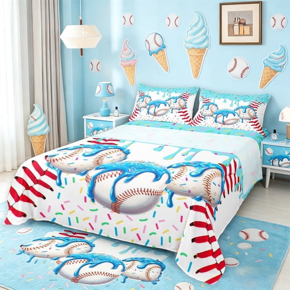 meiyoeat Watercolor Baseball Cream Bed Sheets For Kids,Ball Ice Drip Full Size Sheets For Boys,4 Pieces