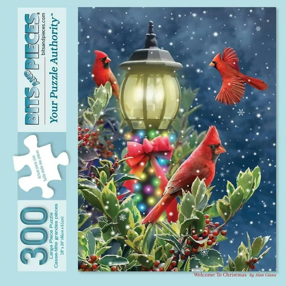 Bits and Pieces 300 Piece Puzzles for Adults 300 Large Pieces 18" x 24" Jigsaw, Cardinals Snow Lamp Post, Welcome to Christmas