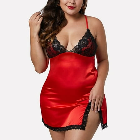 

ZNU Plus Size Women s Sexy Lingerie Lace Nightdress Side Slit Babydoll Thong 2Pcs Set