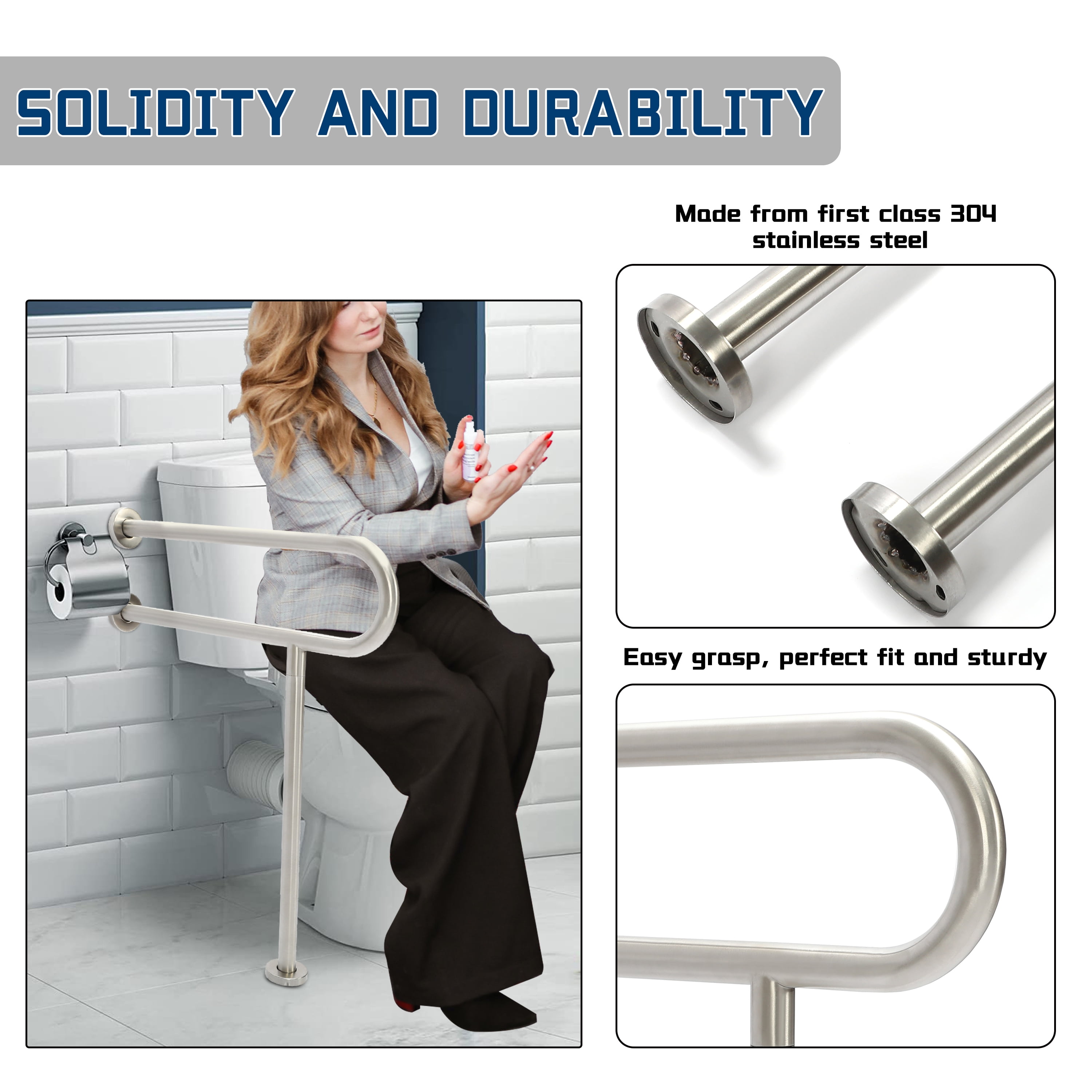 Kojem Toilet Support Rail Handrail Handicap Grab Bar Rails 24 inch Bathroom Safety Bathtub Bar Wall Mount Support Assist Grips for Disabled Elderly Pregnant 304 Stainless Steel
