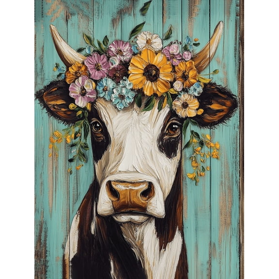 Cow with Floral Crown Decorative Painting/Canvas Art， Suitable for Living Room， Bedroom， Dining Room， Kitchen， Office， Farmhouse， Apartment Decoration.