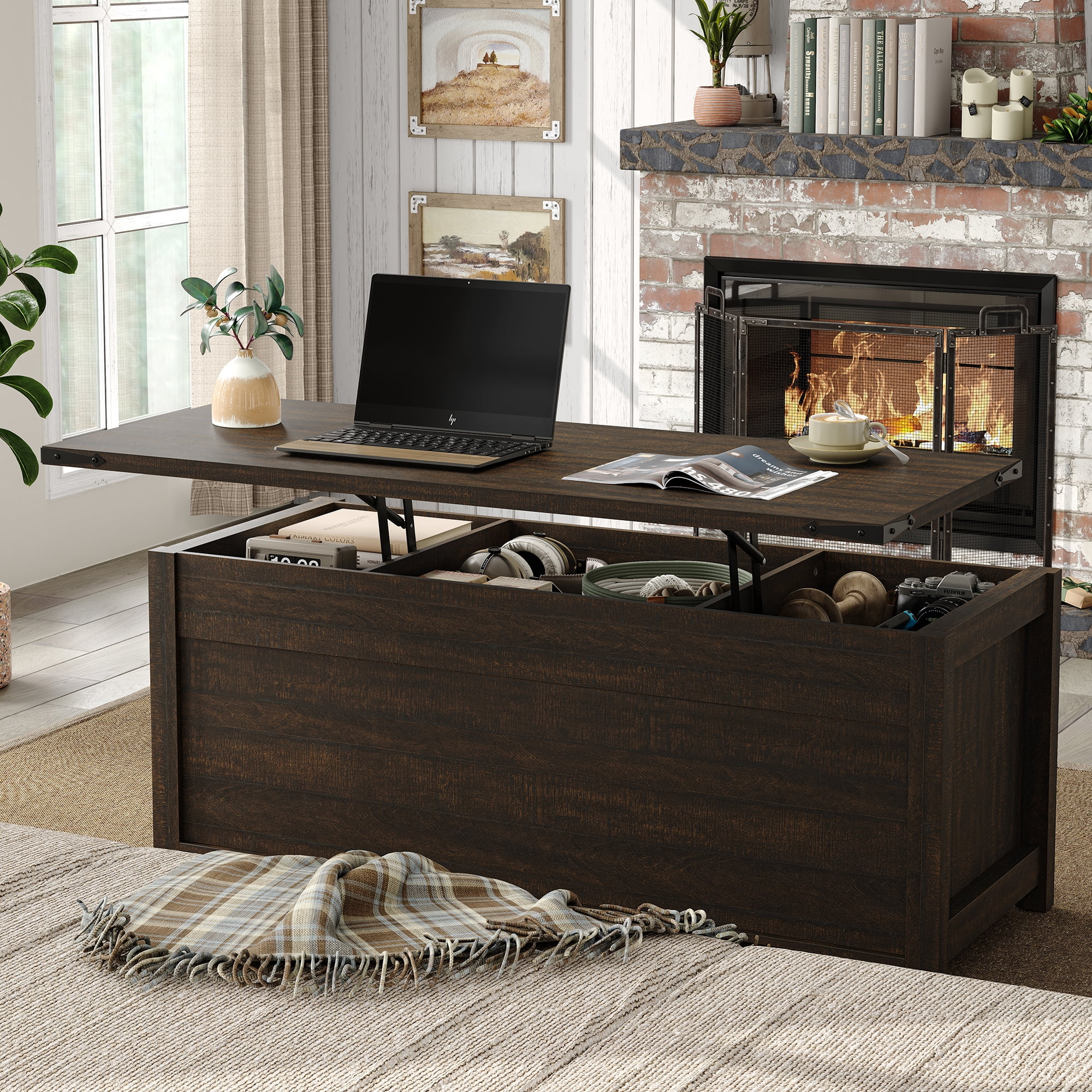 Furnihold 47.3''W Coffee Table, Farmhouse Lift Top Coffee Table with Hidden Storage and Sliding Barn Door for Living Room, Dark Brown