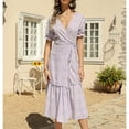 thumbnail image 2 of SWSMCLT Women's Long Beach Casual Dresses Summer Dress Short Sleeve Sundress V Neck Boho Ruffle Fall Chiffon Purple Small, 2 of 4
