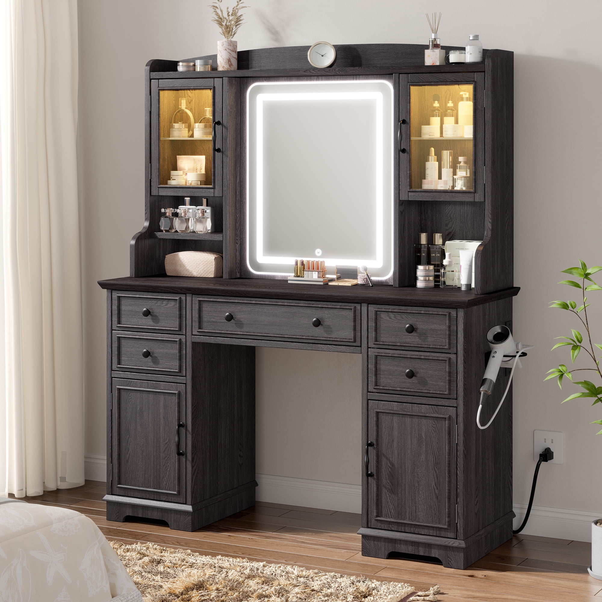 Romorgniz Black Vanity Desk with LED Lighted Mirror Makeup Vanity Table with 5 Drawers and 6 Storage Shelves for Bedroom and Dressing Room