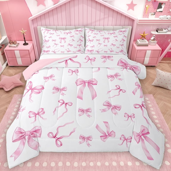 Manfei Kawaii Pink Bowknot Full Size Comforter Sets for Girl, Cute Cartoon Ribbon Bedding Comforter Set, Princess Style Reversible Bedding Sets, Breathable Home Decor, 3-Piece