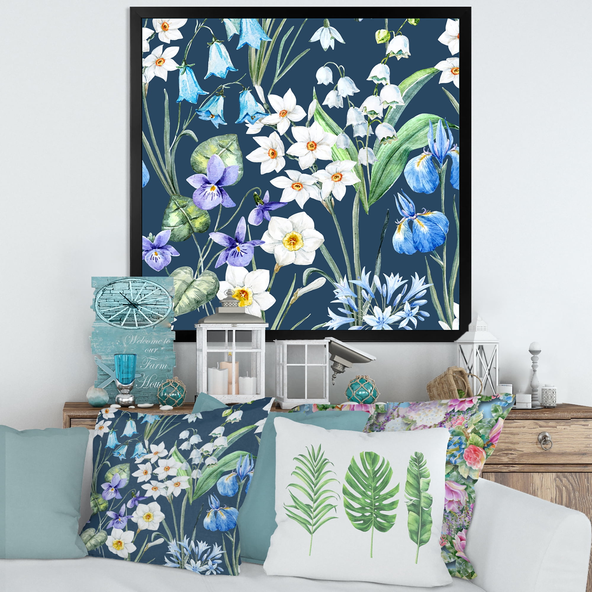 Blue and White Spring Flowers On Dark Blue 30 in x 30 in Framed Painting Canvas Art Print, by Designart