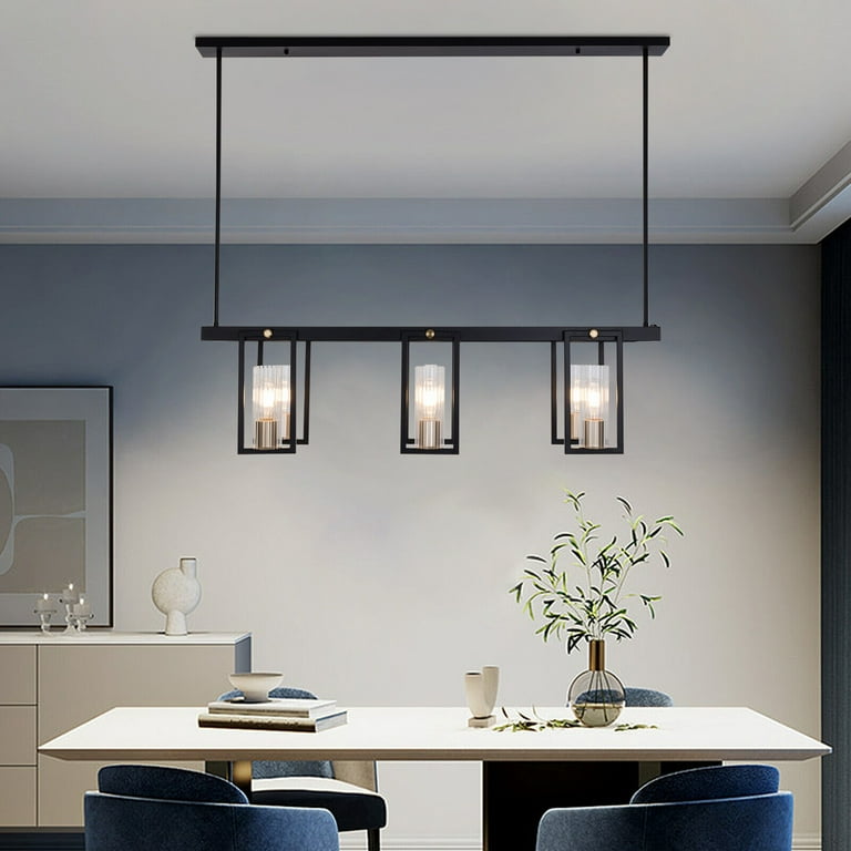 Golden Lighting Winslett Linear Pendant Light – Matte Black With Ribbed Clear Glass Shades, Kitchen Island Light
