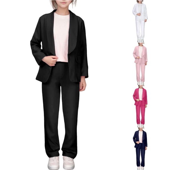 WERYOUNG Girls Formal Outfits Solid Color Long Sleeve Lapel Open Front Jacket And Dress Pants For Kids Girls Outdoor Activities Stylish Clothing Sets 5-6 Years
