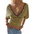 thumbnail image 2 of Gynyvoja Women'S Reversible V-Neck Short Sleeve Striped Fitted Cropped T-Shirt Yellow S, 2 of 9