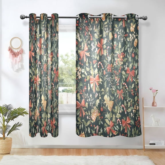 Yayeee Window Curtains Light Filtering 63"x42" Grommet Panel Pair Home Living Room Decor, Christmas Bows