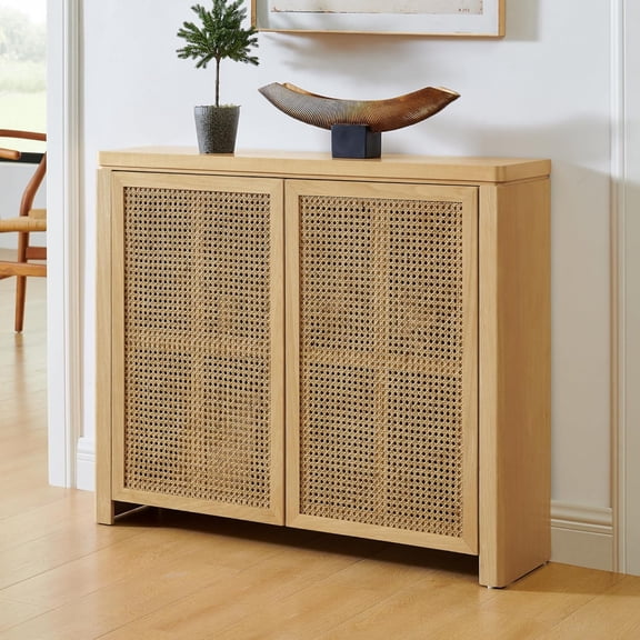 Rattan Sideboard Buffet Cabinet, 39.4" Small Boho Wooden Console Table with 2 Rattan Doors, Thin Narrow Kitchen Storage Cabinet for Living Room Entryway