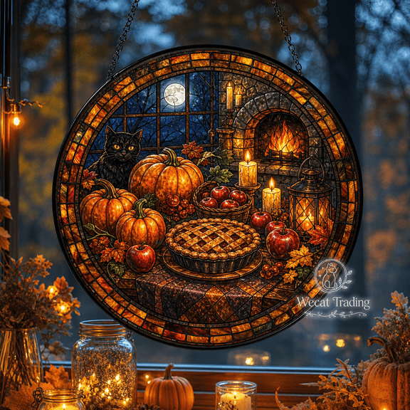 Window Hanging Halloween Harvest Moonlit Table Scene for Fall Halloween Decor
