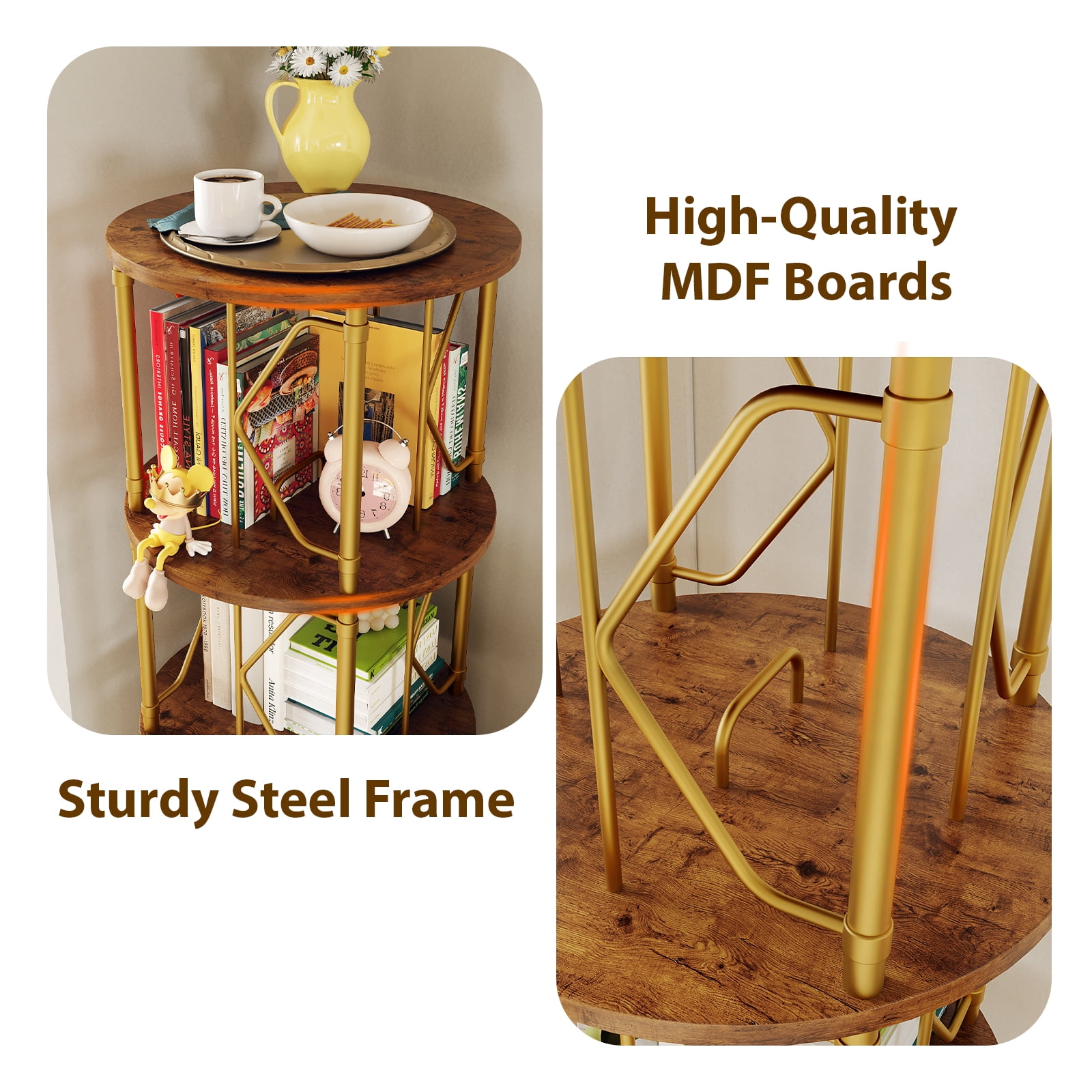 LLappuil 3 Tier Rotating Bookshelf, 360° Display Swivel Bookcase, Corner Bookshelf for for Bedroom, Living Room Gold