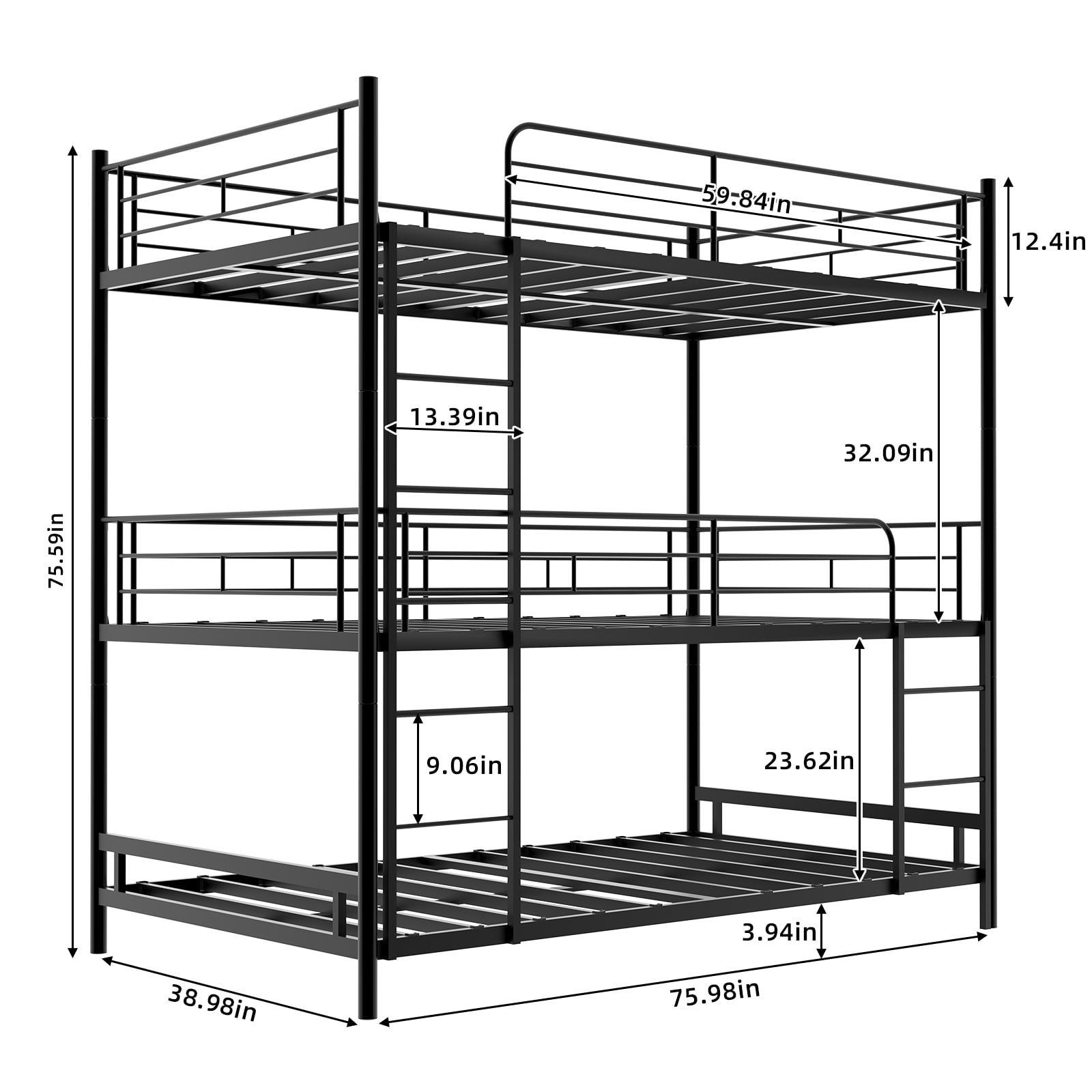 Alvantor Triple Bunk Bed Twin Over Twin Over Twin Metal 3-in-1 Bed for Kids Teens with Ladders and Safety Guardrails Black