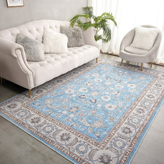 Noahas Area Rug Modern Floral Rug For Living Room Bedroom Office, 5'x8', Blue