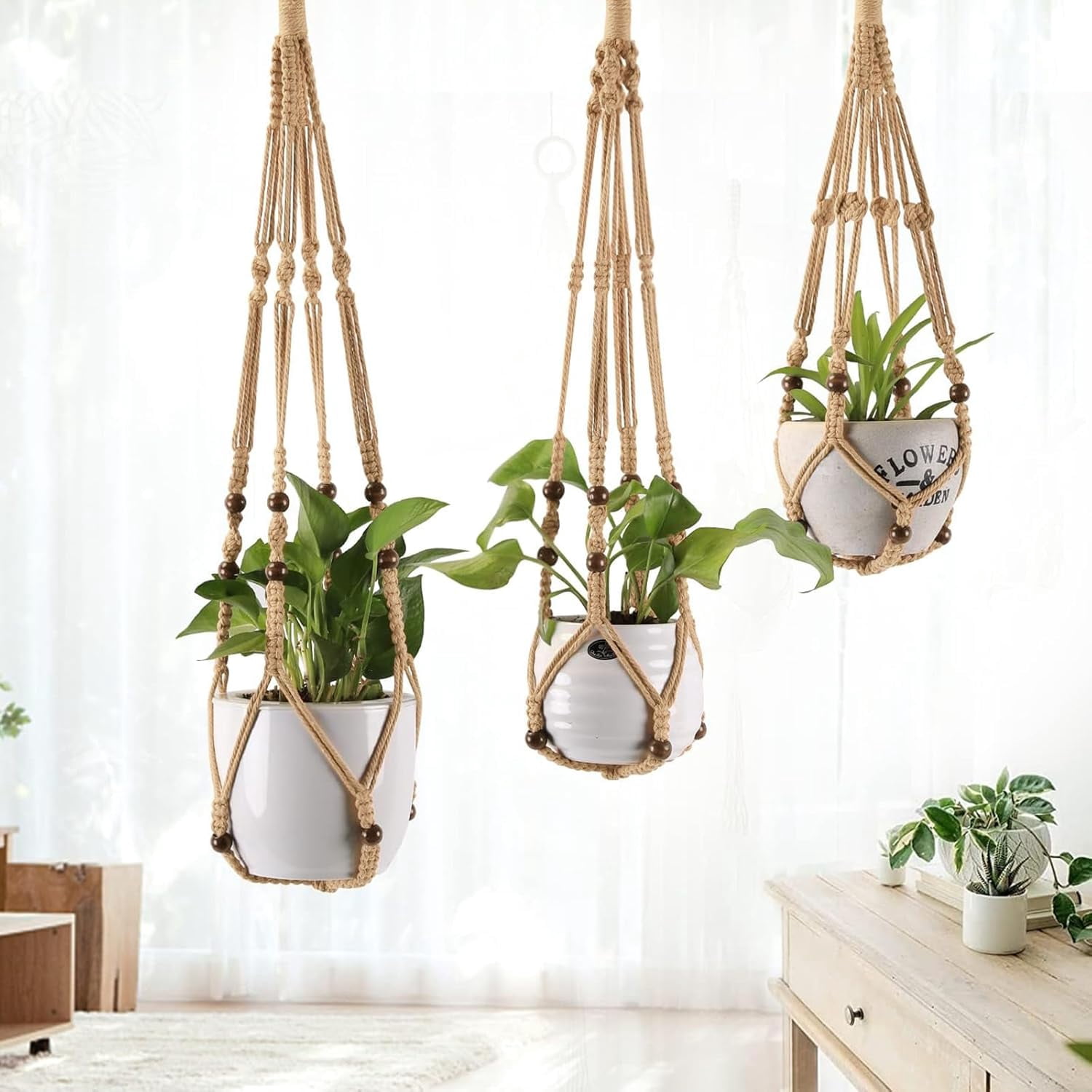 3-Pack Macrame Plant Hanger Indoor - Hanging Planter Basket for Indoor Outdoor - Decorative Boho Plant Holders Set with Beads - Ceiling Flower Pot Holder with 6 Hooks - 35"/30"/24" Linen