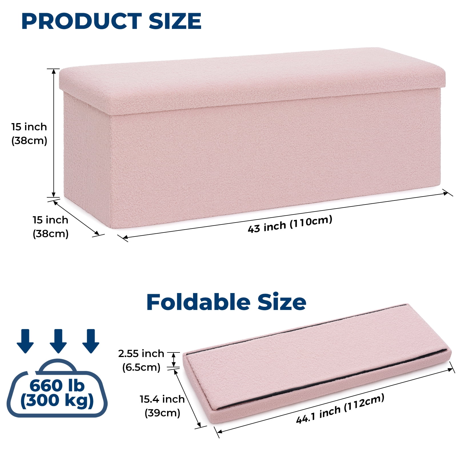 Lusimo Boucle Ottoman Bench with Storage for Living Room, 43" Folding Storage Bench Coffee Table Foot Rest, End of Bed Bench for Bedroom Entryway, Faux Shearling Fabric Pink