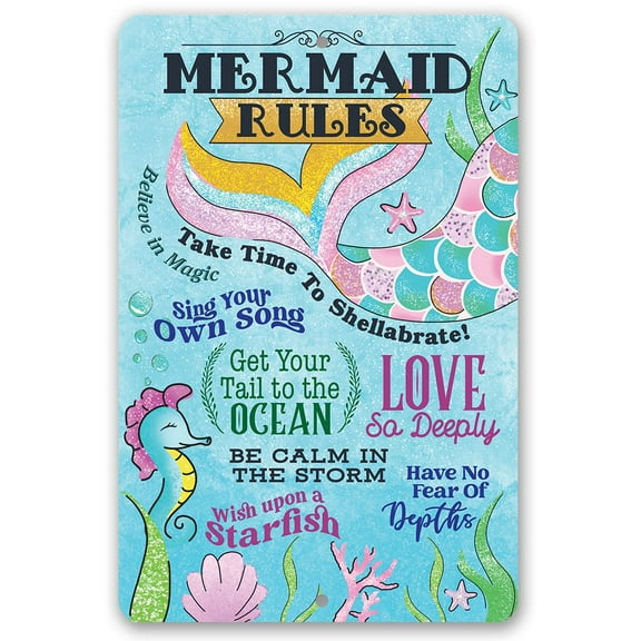 Metal Sign - Mermaid Rules - Durable Metal Sign - Use Indoor/Outdoor - Makes a Great Beach House Decor and Gift Under $25 (12" x 18")