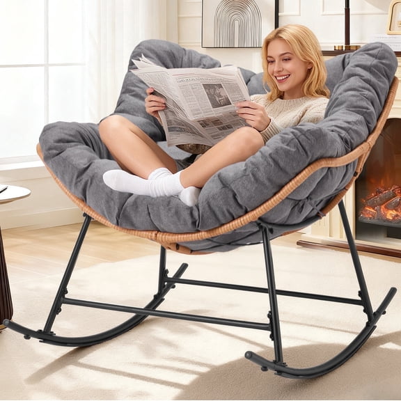 HABUTWAY Outdoor Rocking Chair with Thick Cushion, Comfy Rattan Rocker Egg Chair Indoor with Straps, Patio Rocking Chair 450lbs for Garden, Balcony, Lawn, Backyard, Living Room, Bedroom, Dark Gray