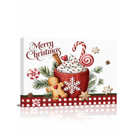 Merry Christmas Canvas Print Wall Art Xmas Coffee Gingerbread Man Biscuits Holly Candy Red Plaid Pictures Painting Morden Artwork for Living Room Bedroom, Ready to Hang - 12"x16"