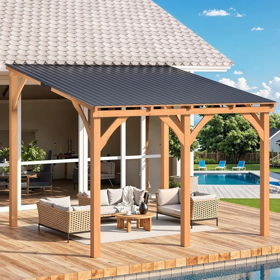 YODOLLA 10' x 10' Wall-Mounted Outdoor Wood Gazebo, Hardtop Cedar Pergola with Heavy-Duty Awnings for Patio, Deck, Backyard