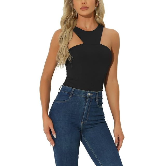 INSPIRAR CHIC Mono Sin Mangas para Top de Cuello Halter Asimétrico para Mujeres XS Negro